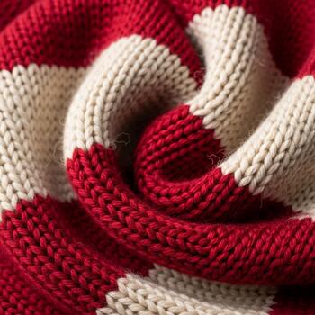 Close up view of a cozy textured knitted fabric with bold red and cream horizontal stripes creating a warm and inviting pattern photo