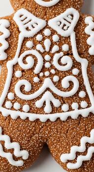 Close up view of a festive gingerbread man cookie decorated with intricate white icing patterns and sparkling sugar crystals photo