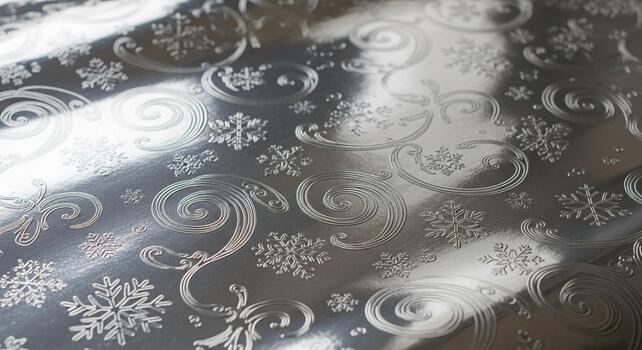 Close up view of a textured surface with embossed swirling patterns and delicate snowflake motifs in a cool reflective tone photo