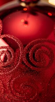 Close up of a shimmering red christmas ornament with intricate swirling patterns and a soft bokeh background photo