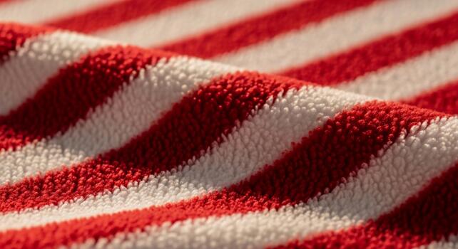 Close up view of soft plush fabric with bold red and white diagonal stripes creating a textured pattern photo
