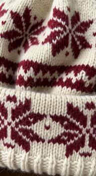 Cozy cream knit beanie featuring a repeating deep red snowflake and pine tree nordic pattern photo