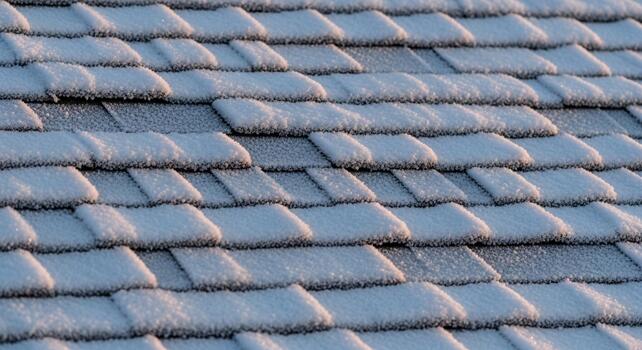 Close up view of weathered overlapping slate roof tiles showing texture and subtle color variations in natural light photo