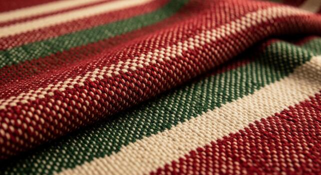 Close up view of a textured woven fabric with bold red green and white stripes showcasing intricate weaving patterns and soft folds photo