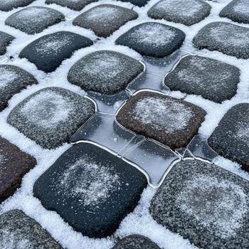 Close up view of dark cobblestones covered in a light dusting of fresh snow creating a textured winter ground pattern photo
