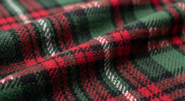 Close up view of a richly textured red and green plaid fabric with intersecting white lines creating a classic tartan pattern photo