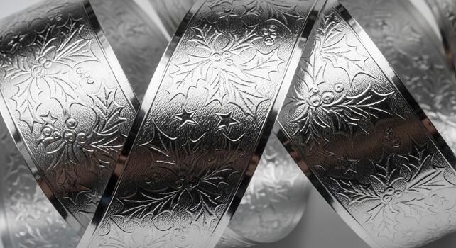 Intricate silver engraved ribbons with floral patterns create a textured and reflective abstract background photo