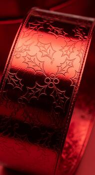 Close up of a glowing red metal sheet with intricate geometric patterns illuminated by warm light photo