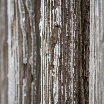 Close up view of weathered tree bark revealing intricate vertical textures and natural patterns in muted earthy tones photo