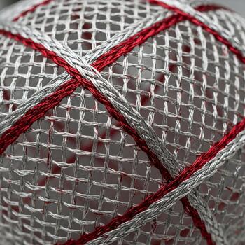 Close up view of a textured ball of yarn with interwoven red and silver threads creating a woven pattern photo