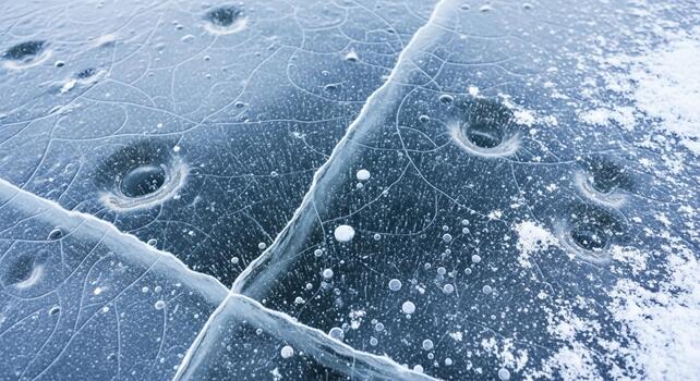 Close up abstract view of cracked ice with air bubbles and water droplets creating a textured natural pattern photo