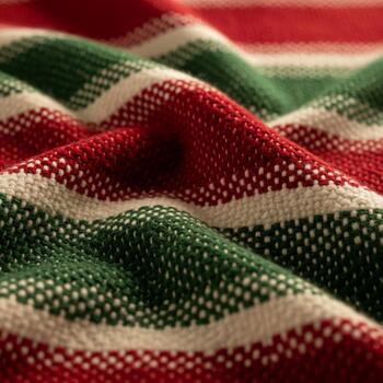 Close up view of a textured woven fabric with alternating red white and green stripes creating a festive holiday pattern photo