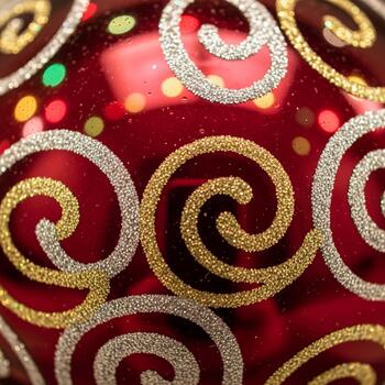 Close up of a sparkling red christmas ornament with intricate gold and silver swirling patterns and bokeh lights photo