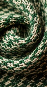 Close up abstract macro view of a tightly wound green and white braided cord with blurred edges creating a textured pattern photo