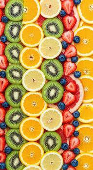 vistoso formación de Fresco rebanado agrios frutas y bayas en un estampado arreglo foto