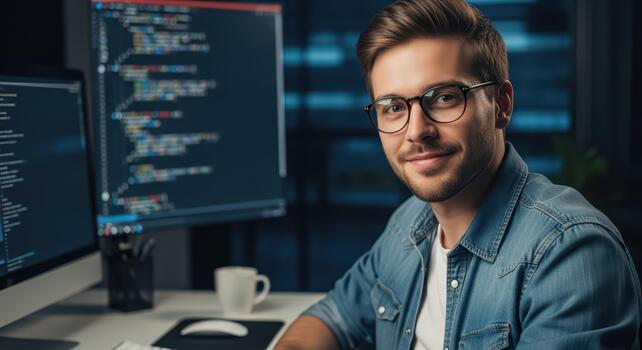 Young caucasian male coder working late with computers in office photo