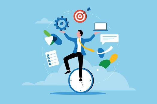 Businessman Balancing Time Management and Productivity Tasks. Multitasking Professional Managing Workload and Deadlines Illustration. vector