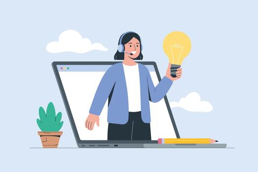 en línea apoyo especialista presentación creativo idea concepto. virtual asistente compartiendo innovador soluciones mediante tecnología. vector