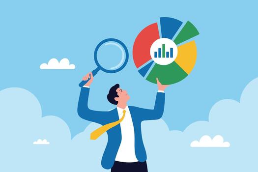 negocio analista revisando datos gráfico con aumentador vaso. datos análisis concepto con tarta gráfico y persona de negocios. vector