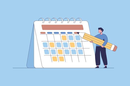 Man Planning Schedule on Large Desk Calendar Illustration. Organizing Tasks and Events on Monthly Calendar. vector