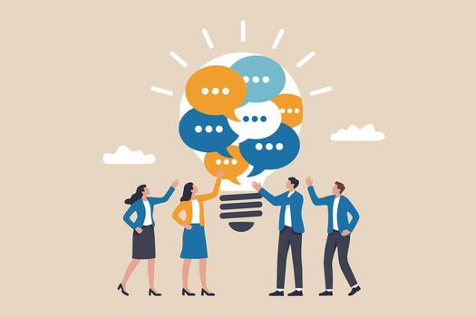 Team Brainstorming Ideas with Creative Lightbulb Concept. Collaborative Discussion Forming Innovative Group Ideas. vector