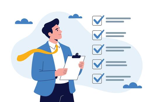 Businessman Checking Completed Tasks on Checklist Illustration. Project Management Checklist with Professional Character. vector