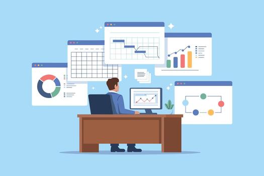 Business Analyst Working with Data Dashboards and Charts. Project Management Dashboard with Analytics and Reports. vector