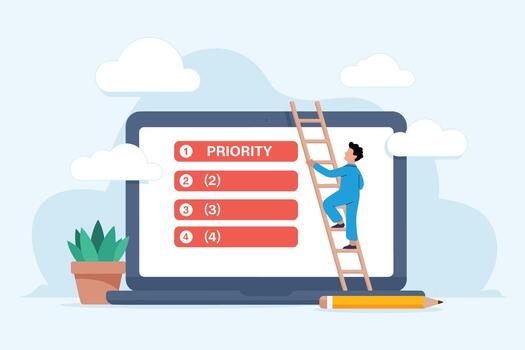 Priority List Management Concept with Ladder and Laptop. Task Prioritization and Workflow Planning Illustration. vector