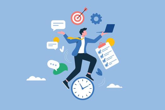Multitasking Businessman Managing Time and Productivity Tasks. Time Management and Multitasking Workflow Concept Illustration. vector