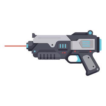 Futuristic laser pistol in flat style with red targeting beam. Ideal for sci-fi weapons set, shooter icons, or tech-based illustration projects. vector