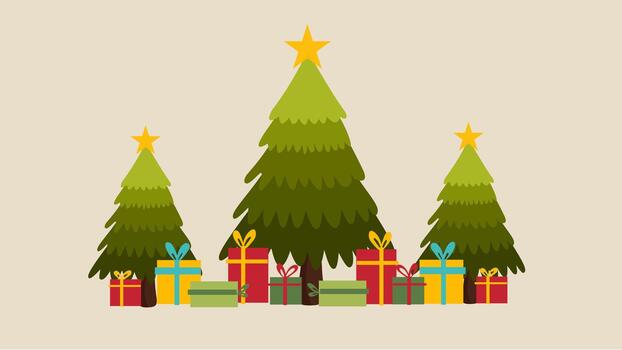 Christmas trees with colorful presents arranged neatly in festive scene vector