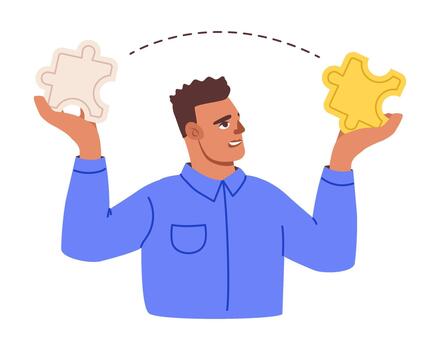 hombre conectando rompecabezas piezas concepto. plano ilustración de un hombre participación rompecabezas piezas, simbolizando problema resolviendo, trabajo en equipo, decisión haciendo, o hallazgo soluciones vector