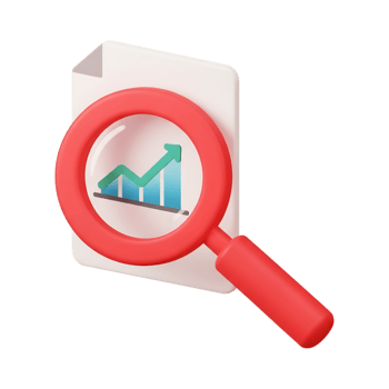 3d reso rosso ingrandimento bicchiere l'esame crescita grafico documento icona su trasparente sfondo, dati analisi simbolo, attività commerciale intelligenza ricerca visualizzazione, finanziario analitica concetto png