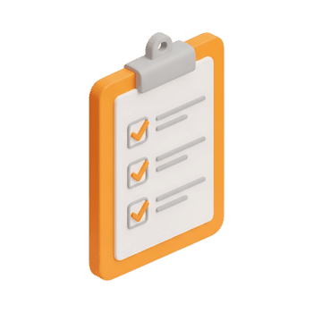 3D rendered clipboard icon with orange checkmarks on checklist paper on transparent background, task completion symbol, productivity organization tool, project management concept illustration png