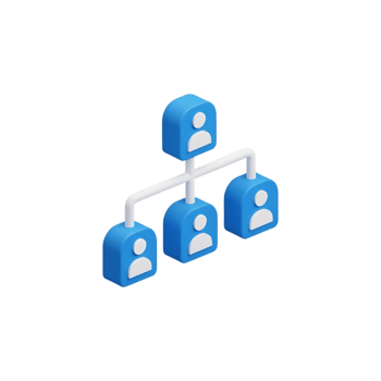 3D rendered blue user profile icons connected in organizational hierarchy structure with white connecting lines, network diagram representing team management, corporate structure and leadership png