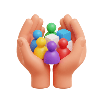 3D rendered cupped hands holding colorful diverse group of people figures and geometric shapes, representing unity, inclusion, diversity and teamwork concept on transparent background png