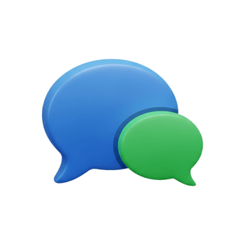 3D glossy blue and green speech bubble icons overlapping on transparent background with soft shadow, communication dialogue symbol for messaging apps, chat interfaces, and customer conversation png