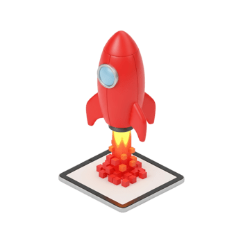 3D red rocket launching with orange flame exhaust from digital platform base with pixelated blocks, startup business growth innovation acceleration concept icon for technology entrepreneurship success png