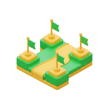 3d kaart platform met groen vlaggen en geel pad tonen navigatie route reis, bedrijf routekaart mijlpaal prestatie vooruitgang bijhouden concept icoon voor doel planning strategie visualisatie png