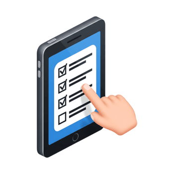 3d isometrische smartphone met hand- vinger aanraken checklist app scherm tonen voltooid taken met vinkjes, mobiel produktiviteit taak beheer organisatie planning concept icoon illustratie png