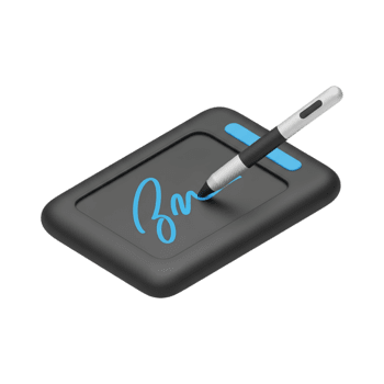 3D digital signature tablet with stylus pen showing blue handwritten signature, modern document signing technology icon for business contract authentication workflow png