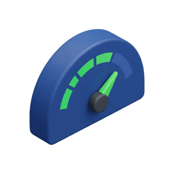 3d blå hastighetsmätare mätare ikon med grön indikator nål pekande uppåt som visar hög prestanda nivå, instrumentbräda mått meter för hastighet analys kpi spårning företag metrik begrepp png