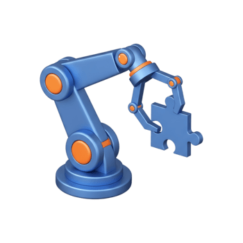 3D blue robotic arm holding puzzle piece with orange joints on circular base, industrial automation assembly integration concept icon for manufacturing technology AI solutions workflow optimization png