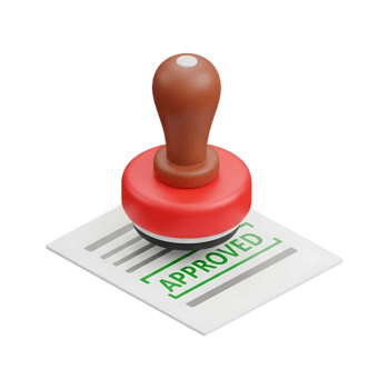 3D red rubber stamp with wooden handle pressing approved text on white document paper, authorization certification validation concept icon for business approval quality control process workflow png