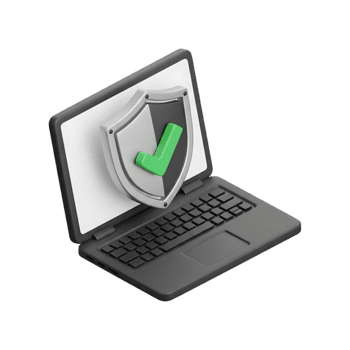 3d computador portátil computador com metálico escudo exibindo verde marca de verificação em tela, cíber segurança proteção verificado antivírus Programas conceito ícone para dados segurança Internet segurança digital defesa png