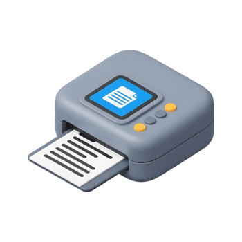 3D isometric printer icon with document paper emerging from gray device, blue display screen showing page symbol, office equipment technology illustration for digital printing workflow concepts png
