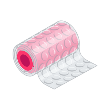 3D pink bubble wrap roll with protective packaging material in isometric view on transparent background, shipping and fragile item protection icon for logistics png