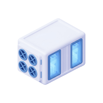 3D white refrigerated container unit with blue windows and cooling vents in isometric view on transparent background, cold storage and temperature control icon png