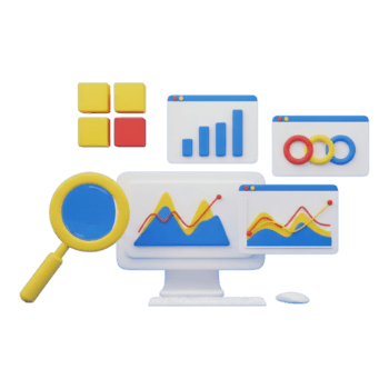 computer schermo mostrando dati analisi con ingrandimento bicchiere isolato su trasparente sfondo png
