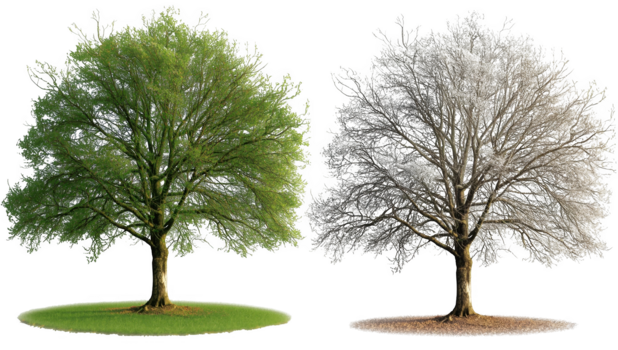 jämförelse av en träd i sommar och vinter- isolerat på transparent bakgrund för design element png